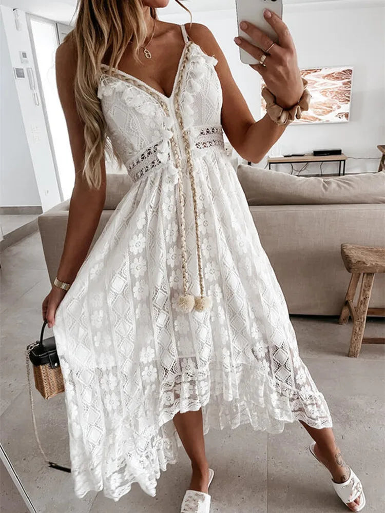 V-neck Sleeveless Lace Boho Style Long Dress