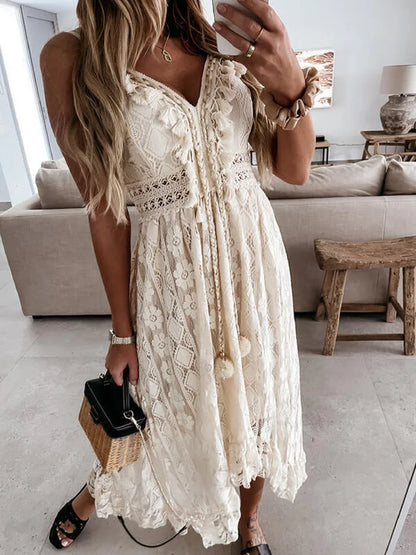 V-neck Sleeveless Lace Boho Style Long Dress