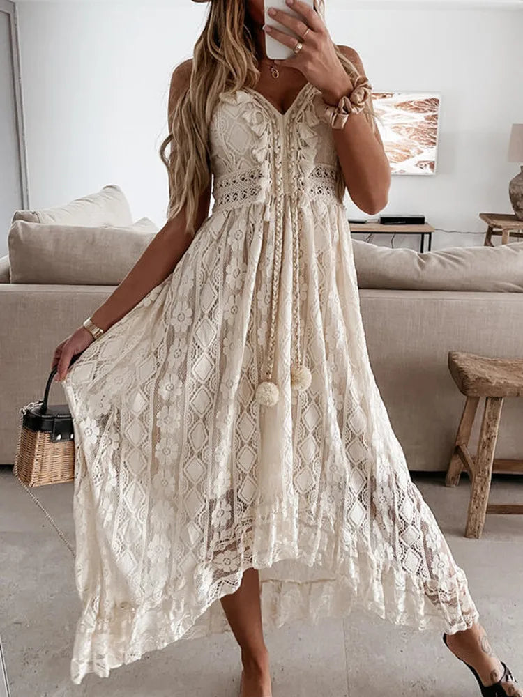 V-neck Sleeveless Lace Boho Style Long Dress