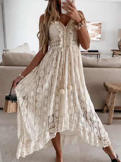 V-neck Sleeveless Lace Boho Style Long Dress