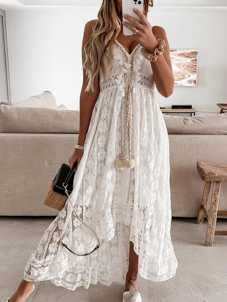 V-neck Sleeveless Lace Boho Style Long Dress