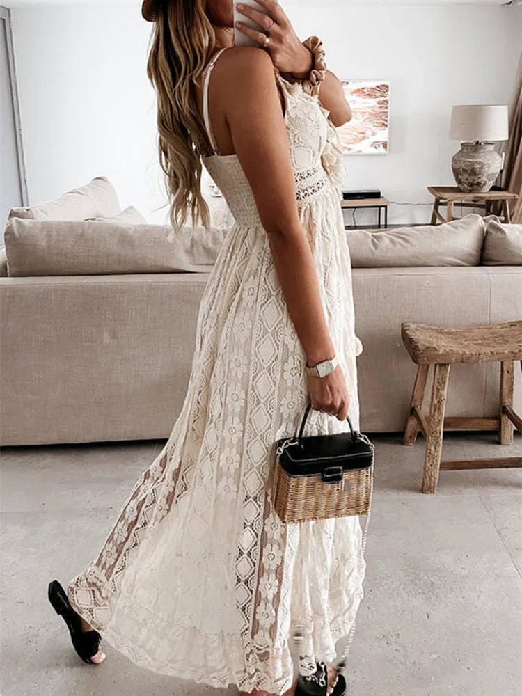 V-neck Sleeveless Lace Boho Style Long Dress